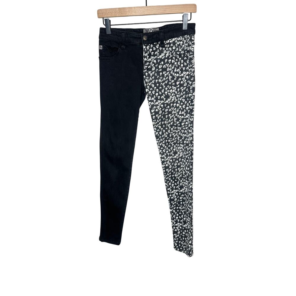 Royal Bones Split Leg Skull Skinny Jeans Black White Goth Emo Punk Size 5 Womens